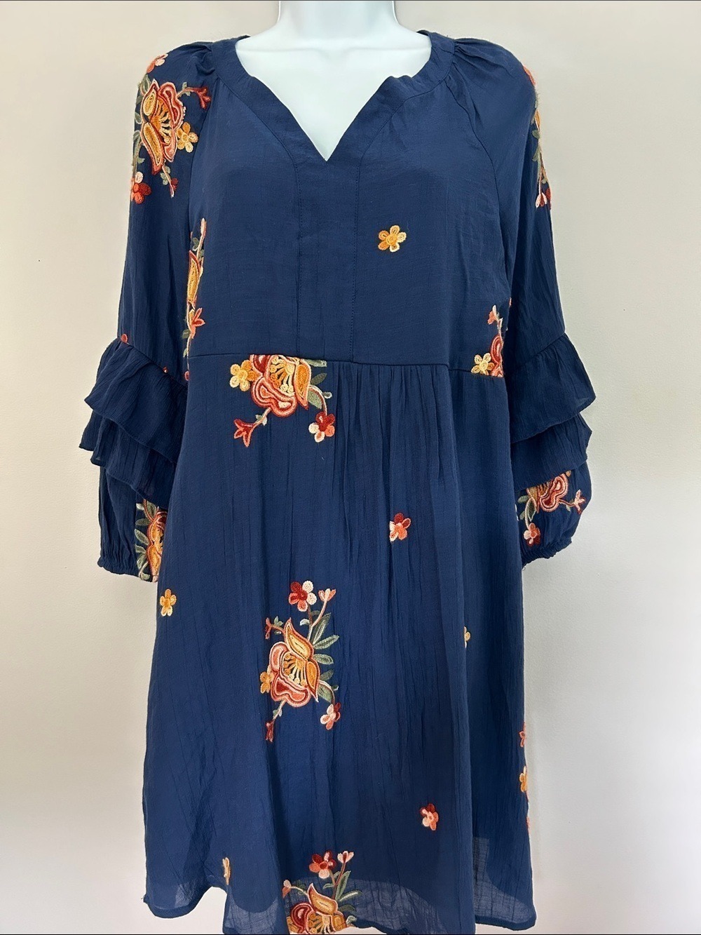 Fig and Flower Anthropologie Boho Embroidered Navy Floral Midi Dress